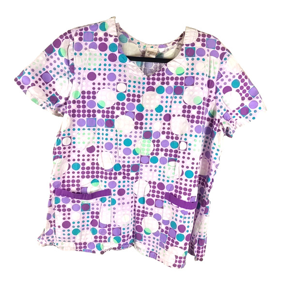 Barco Juniors Women's Scrub Top Size X Large Purple Circles Dots Faded Design - Picture 1 of 6